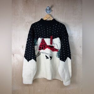 GH Bass Hand Knit Black and White Sweater with Cabin and Skiing Design